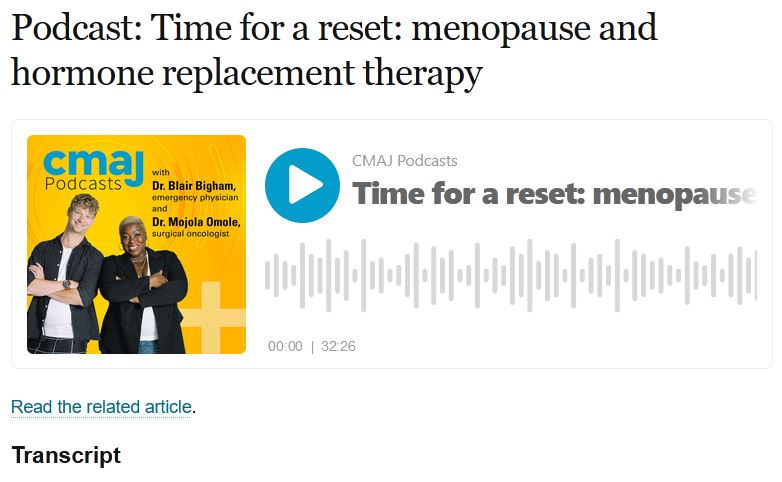 Screenshot of CMAJ Podcast page "Time for a reset: menopause and hormone replacement therapy"