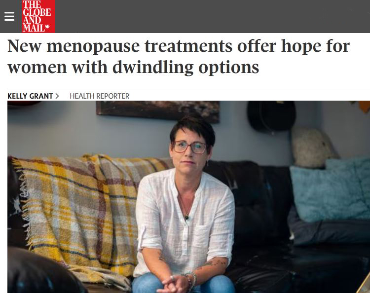 Screenshot of Globe and Mail story "New menopause treatments offer hope to women with dwindling options"
