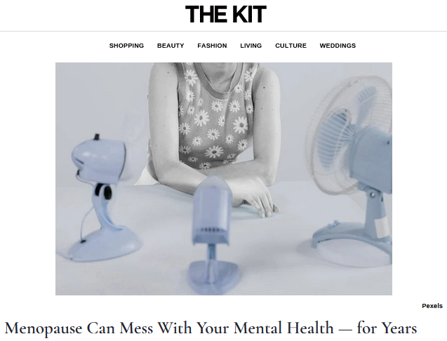 Screenshot from The Kit showing a woman in front of three fans and the title of the story "Menopause Can Mess With Your Mental Health - for Years"