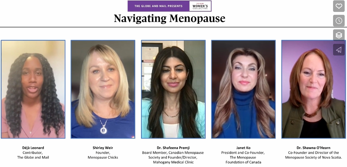 Screenshot from the webinar, showing the four presenters and the host, under the headline "Navigating Menopause"