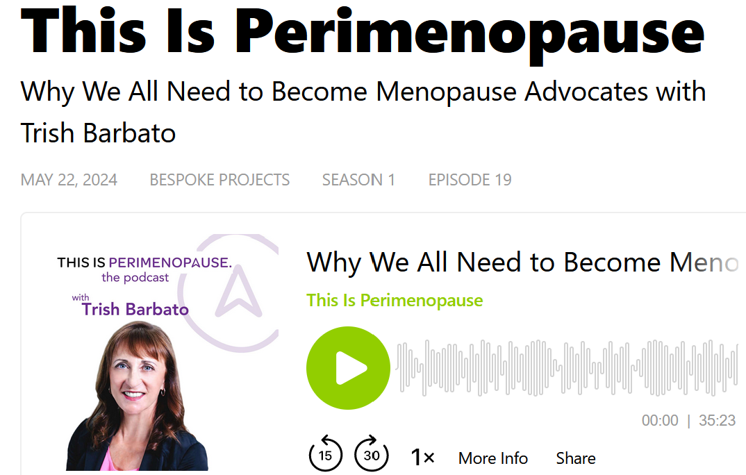 This is Perimenopause. Why We All Need to Become Menopause Advocates. Screenshot showing Trish Barbato, podcast player.