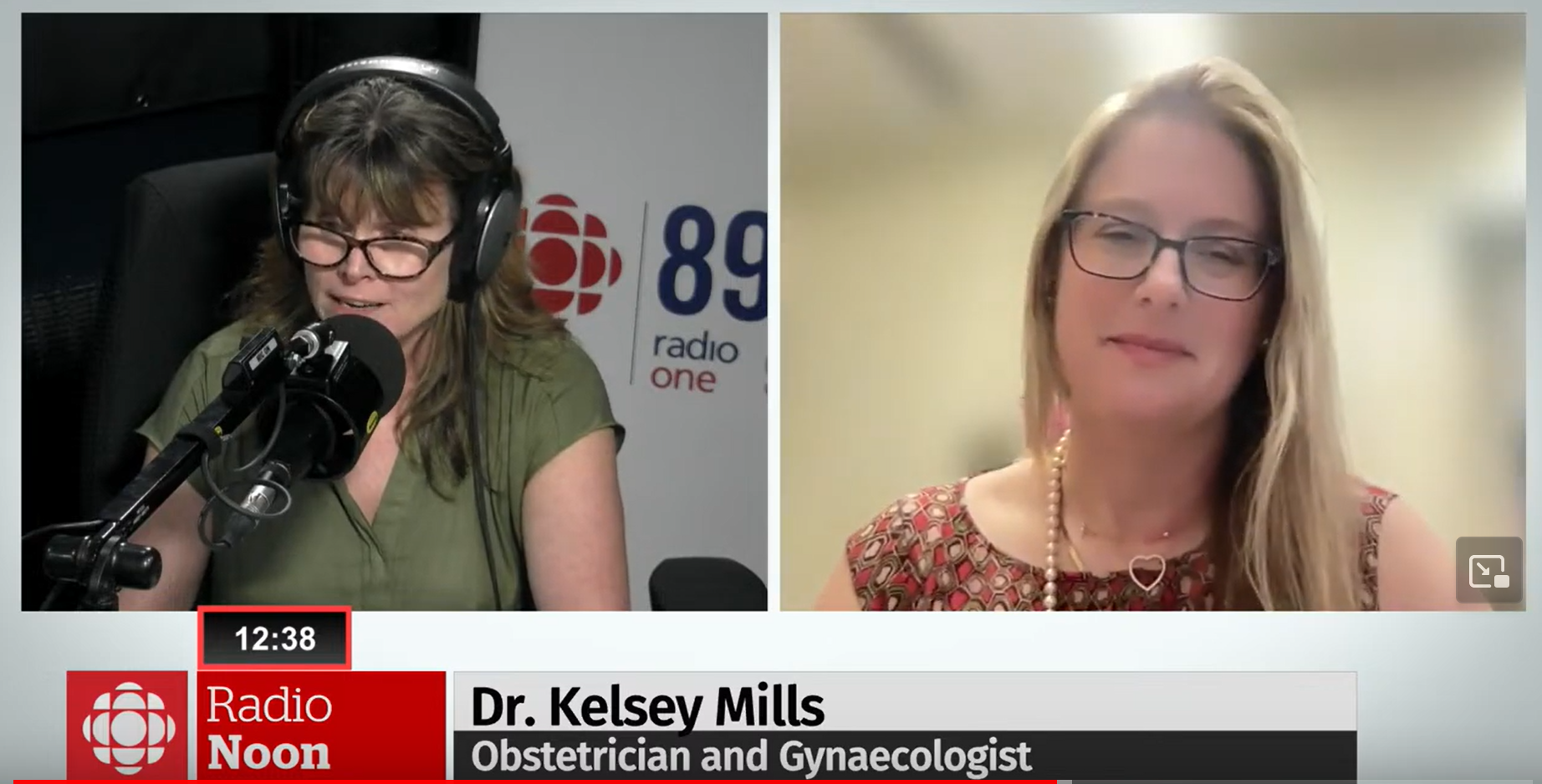 Screenshot of Dr. Kelsey Mills being interviewed on Radio Noon Manitoba