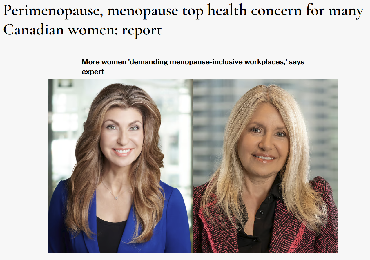 Screenshot from Canadian HR Reporter showing the article title and the text "More women 'demanding menopause-inclusive workplaces,' says expert " along with photos of two women
