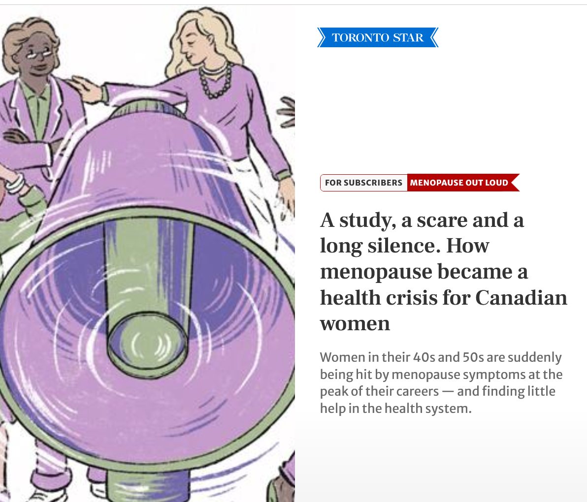 screenshot of headline "A study, a scare and a long silence: How menopause became a health crisis for Canadian women"