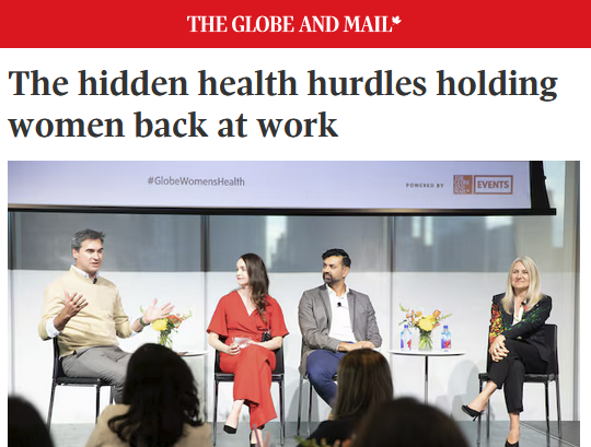 Screenshot of Globe and Mail story, showing four people (a panel) on a stage