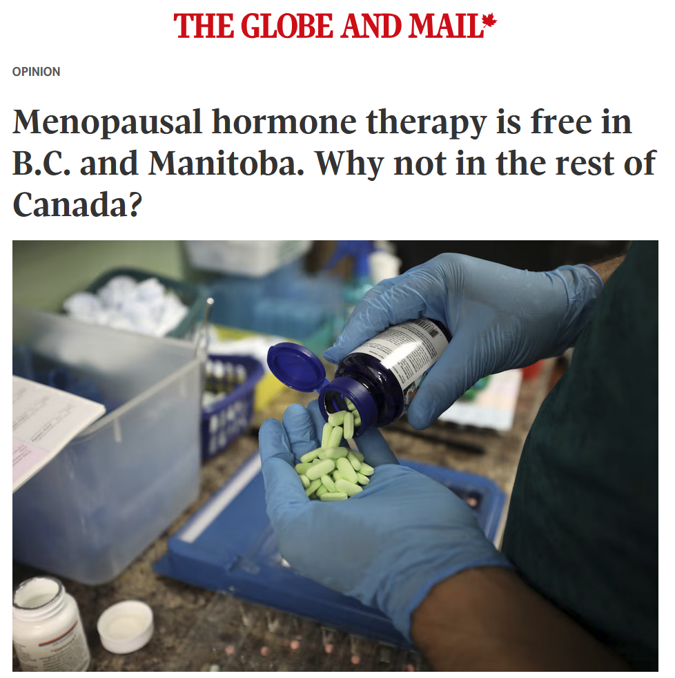 Screenshot from Andre Picard article in the Globe and Mail on Menopausal hormone therapy